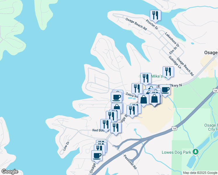 map of restaurants, bars, coffee shops, grocery stores, and more near 803 Greenwood Circle in Osage Beach