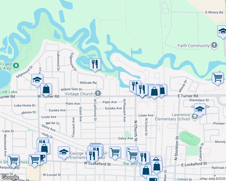 map of restaurants, bars, coffee shops, grocery stores, and more near 1012 Lincoln Avenue in Lodi