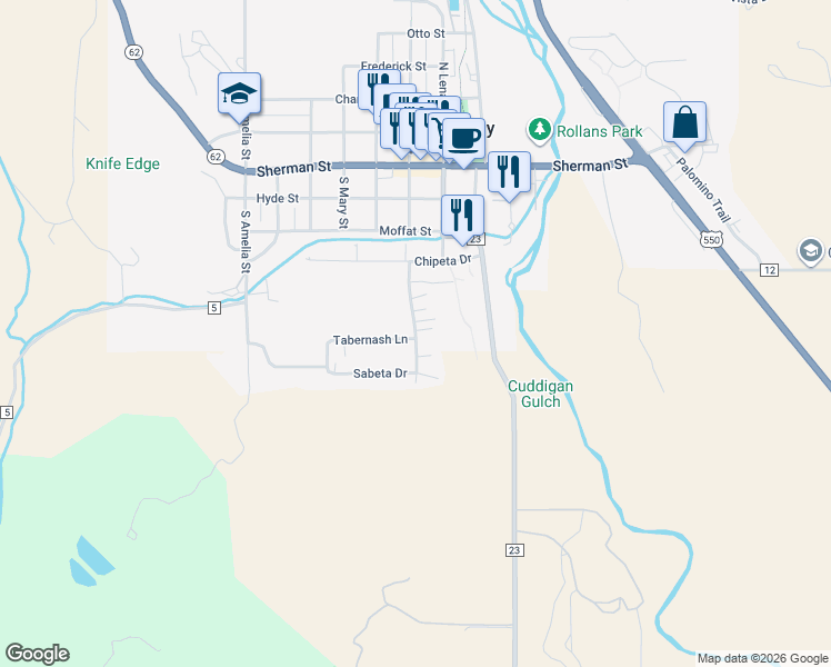 map of restaurants, bars, coffee shops, grocery stores, and more near 524 Sabeta Dr in Ridgway