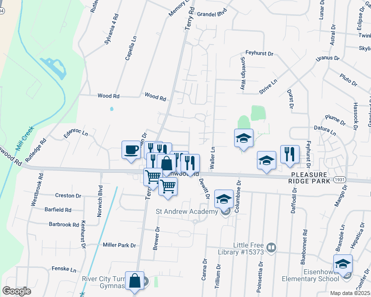 map of restaurants, bars, coffee shops, grocery stores, and more near 7412 Beahl Boulevard in Louisville