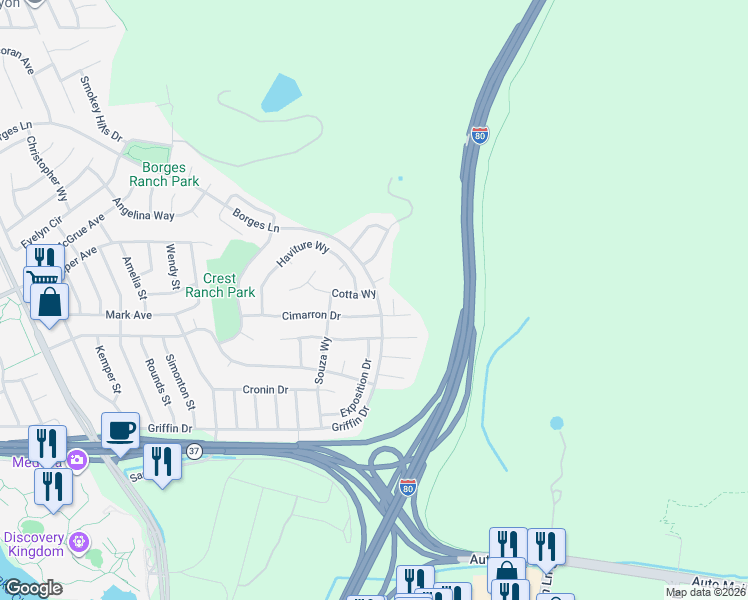 map of restaurants, bars, coffee shops, grocery stores, and more near 199 Cotta Way in Vallejo
