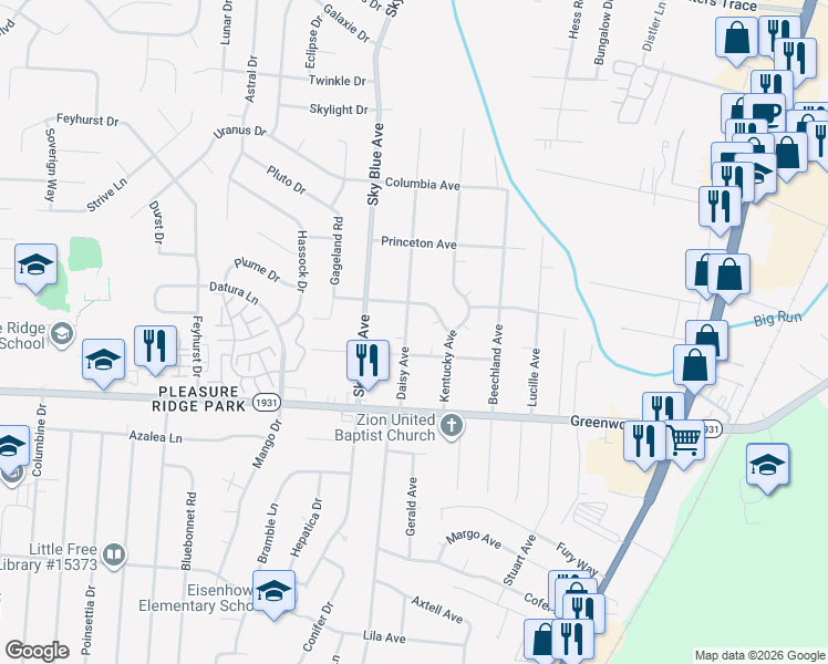 map of restaurants, bars, coffee shops, grocery stores, and more near 5003 July Court in Louisville