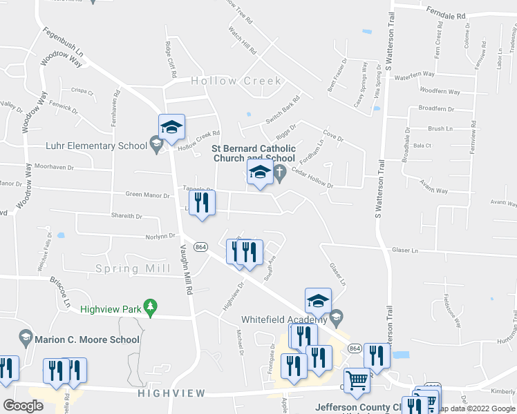 map of restaurants, bars, coffee shops, grocery stores, and more near 7403 Lorenzo Lane in Louisville