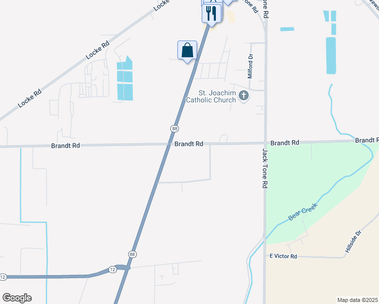 map of restaurants, bars, coffee shops, grocery stores, and more near 13028 Brandt Road in Lockeford