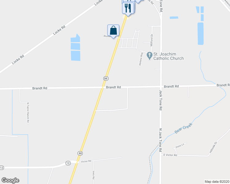 map of restaurants, bars, coffee shops, grocery stores, and more near 13028 Brandt Road in Lockeford