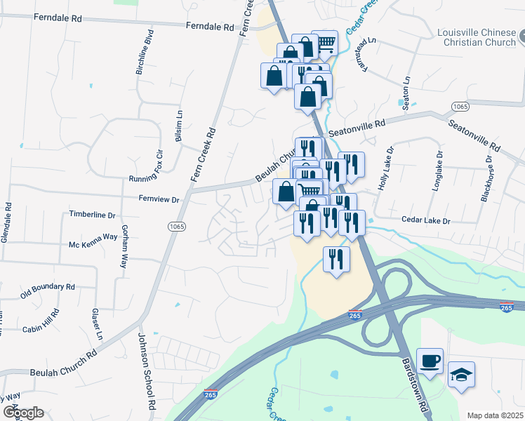 map of restaurants, bars, coffee shops, grocery stores, and more near 9127 Pine Springs Drive in Louisville