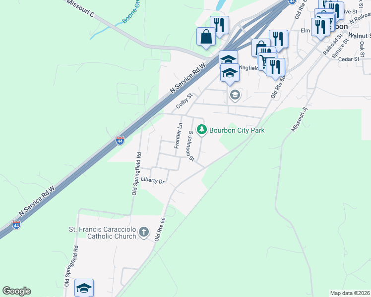 map of restaurants, bars, coffee shops, grocery stores, and more near 556 South Johnson Street in Bourbon