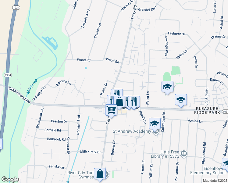 map of restaurants, bars, coffee shops, grocery stores, and more near 7415 Terry Road in Louisville