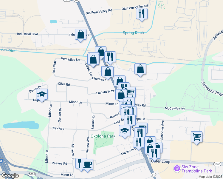 map of restaurants, bars, coffee shops, grocery stores, and more near 1133 Lavista Way in Louisville