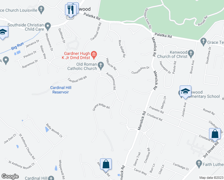 map of restaurants, bars, coffee shops, grocery stores, and more near 1801 Austinwood Place in Louisville