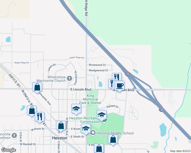 map of restaurants, bars, coffee shops, grocery stores, and more near 26 Pheasant Run Road in Hesston