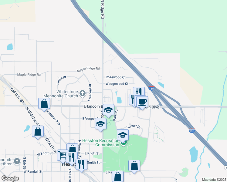 map of restaurants, bars, coffee shops, grocery stores, and more near 26 Pheasant Run Road in Hesston
