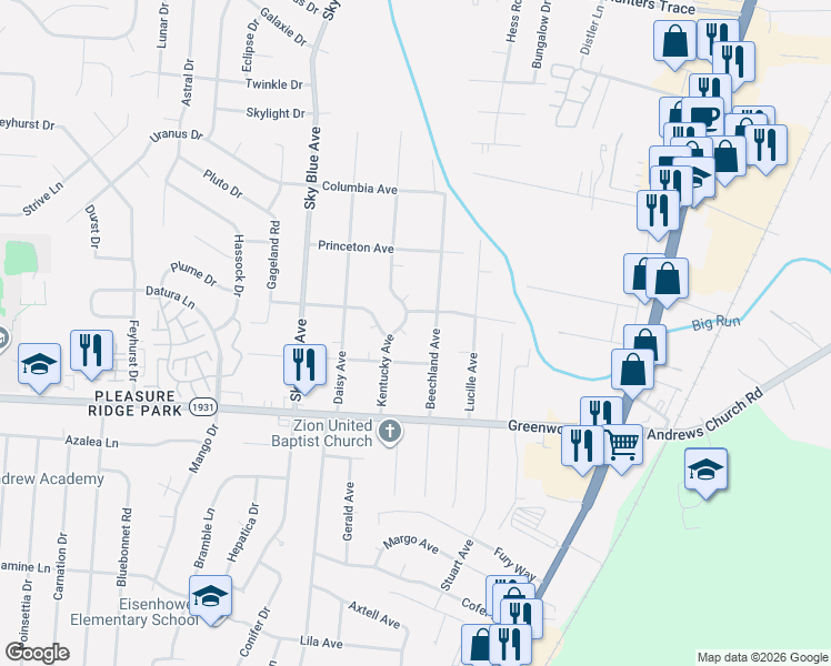 map of restaurants, bars, coffee shops, grocery stores, and more near 4904 Chismoor Court in Louisville