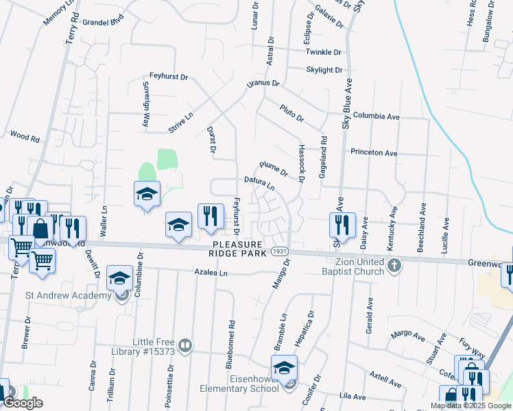 map of restaurants, bars, coffee shops, grocery stores, and more near 5300 Flyaway Court in Louisville