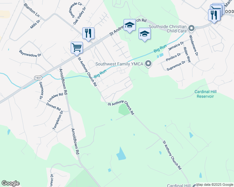 map of restaurants, bars, coffee shops, grocery stores, and more near 3110 Saint Anthony Gardens Drive in Louisville