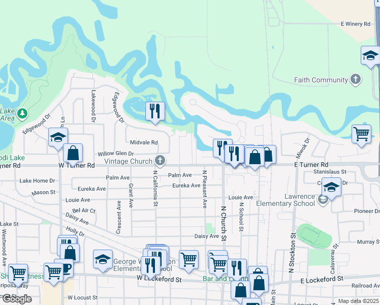map of restaurants, bars, coffee shops, grocery stores, and more near 1012 Lincoln Avenue in Lodi