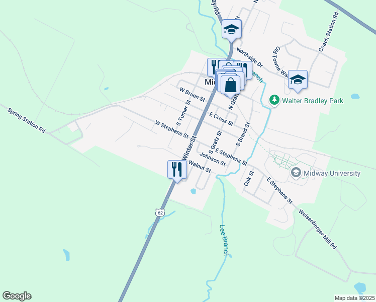map of restaurants, bars, coffee shops, grocery stores, and more near South Winter Street in Midway