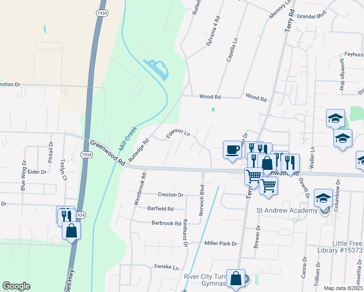 map of restaurants, bars, coffee shops, grocery stores, and more near 7415 Hallmark Drive in Louisville