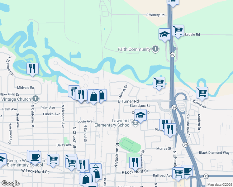 map of restaurants, bars, coffee shops, grocery stores, and more near 135 Otta Drive in Lodi