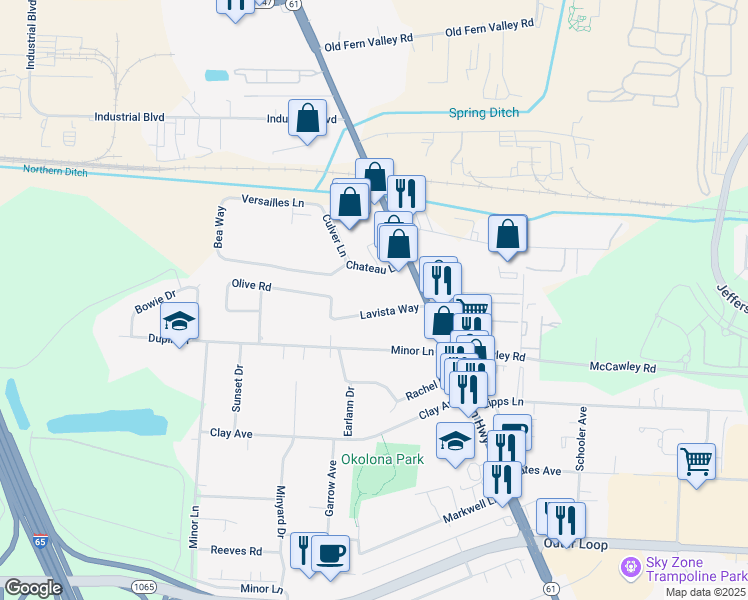 map of restaurants, bars, coffee shops, grocery stores, and more near 1117 Lavista Way in Louisville