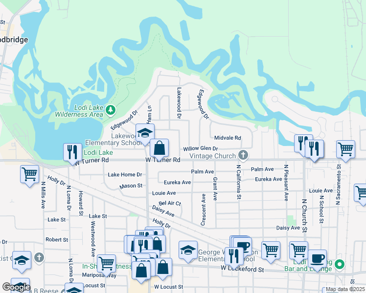 map of restaurants, bars, coffee shops, grocery stores, and more near 741 Willow Glen Drive in Lodi