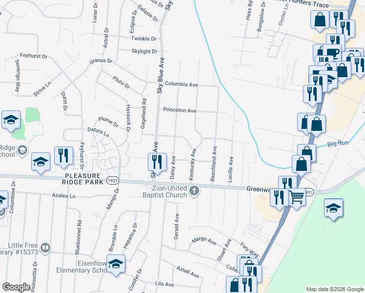 map of restaurants, bars, coffee shops, grocery stores, and more near 5003 July Ct in Louisville