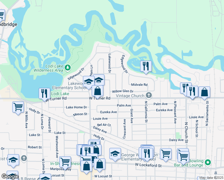 map of restaurants, bars, coffee shops, grocery stores, and more near 741 Willow Glen Drive in Lodi