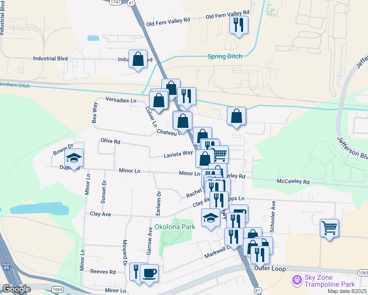 map of restaurants, bars, coffee shops, grocery stores, and more near 1133 Lavista Way in Louisville