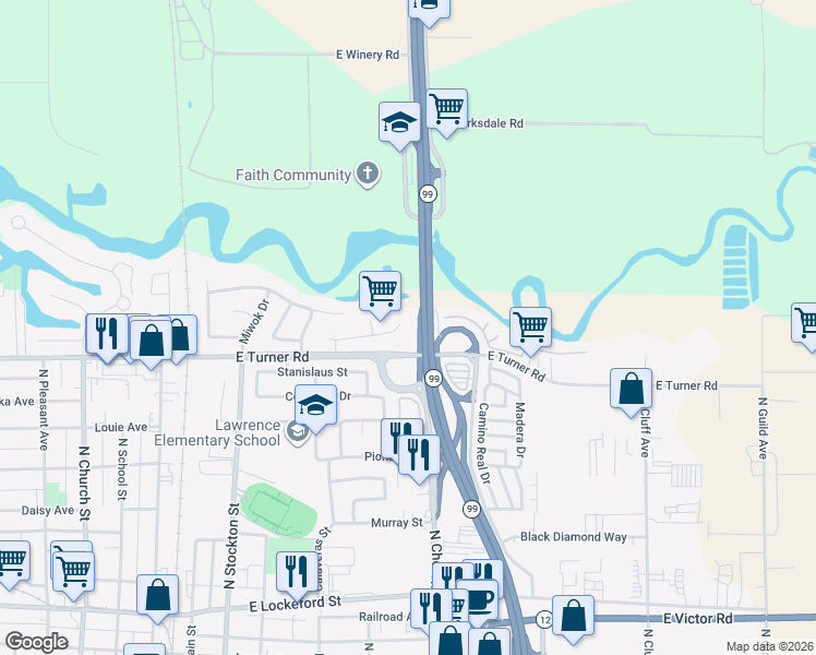 map of restaurants, bars, coffee shops, grocery stores, and more near 536 Yokuts Drive in Lodi