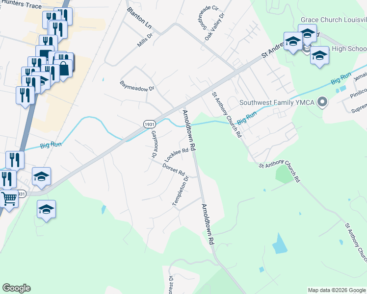 map of restaurants, bars, coffee shops, grocery stores, and more near 3503 Locklee Road in Louisville