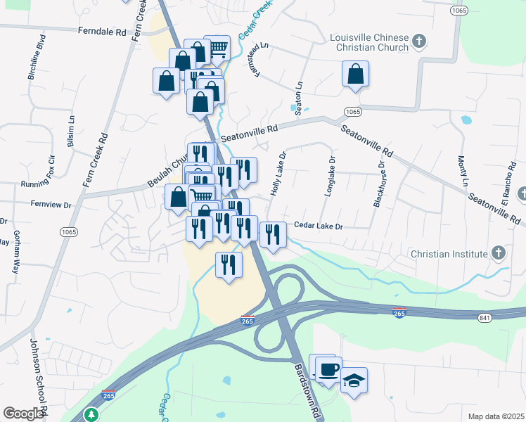 map of restaurants, bars, coffee shops, grocery stores, and more near 6918 Holly Lake Drive in Louisville
