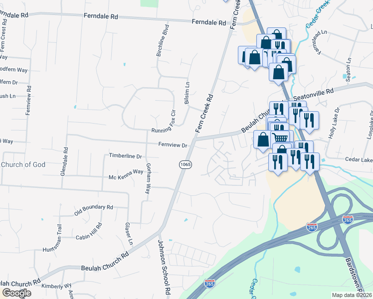 map of restaurants, bars, coffee shops, grocery stores, and more near 8923 Beulah Church Road in Louisville
