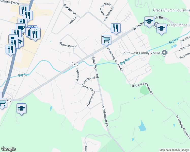 map of restaurants, bars, coffee shops, grocery stores, and more near 3503 Locklee Road in Louisville