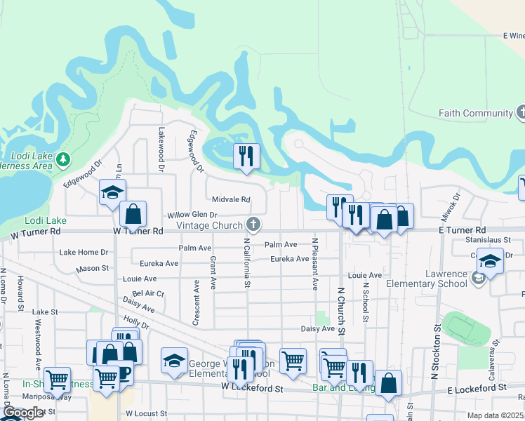 map of restaurants, bars, coffee shops, grocery stores, and more near 1101 Edgewood Drive in Lodi
