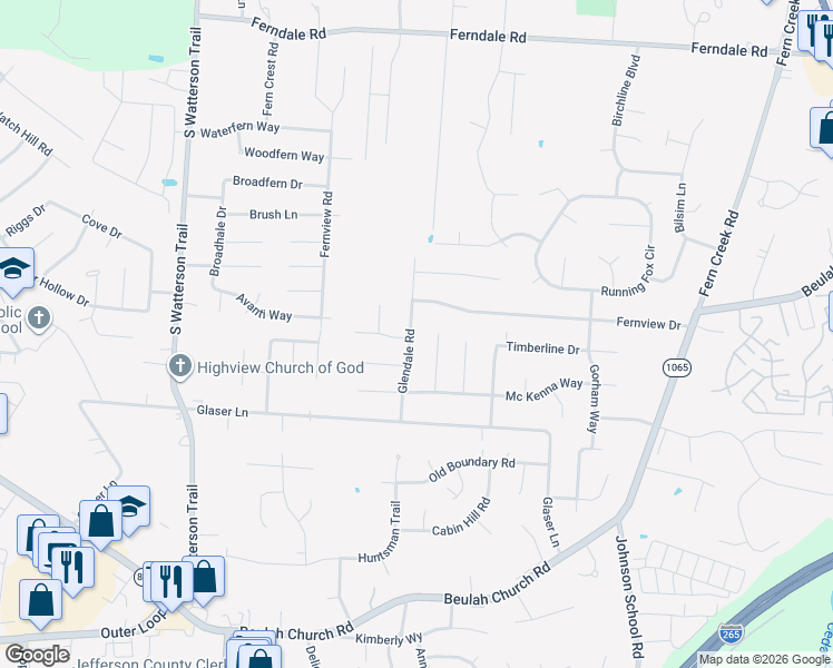map of restaurants, bars, coffee shops, grocery stores, and more near 6909 Glendale Road in Louisville