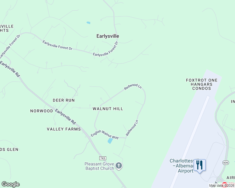 map of restaurants, bars, coffee shops, grocery stores, and more near Redwood Lane in Earlysville