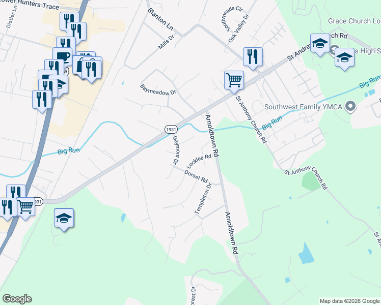 map of restaurants, bars, coffee shops, grocery stores, and more near 7214 Arnoldtown Rd in Louisville