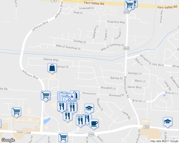 map of restaurants, bars, coffee shops, grocery stores, and more near 5101 Dreamers Way in Louisville