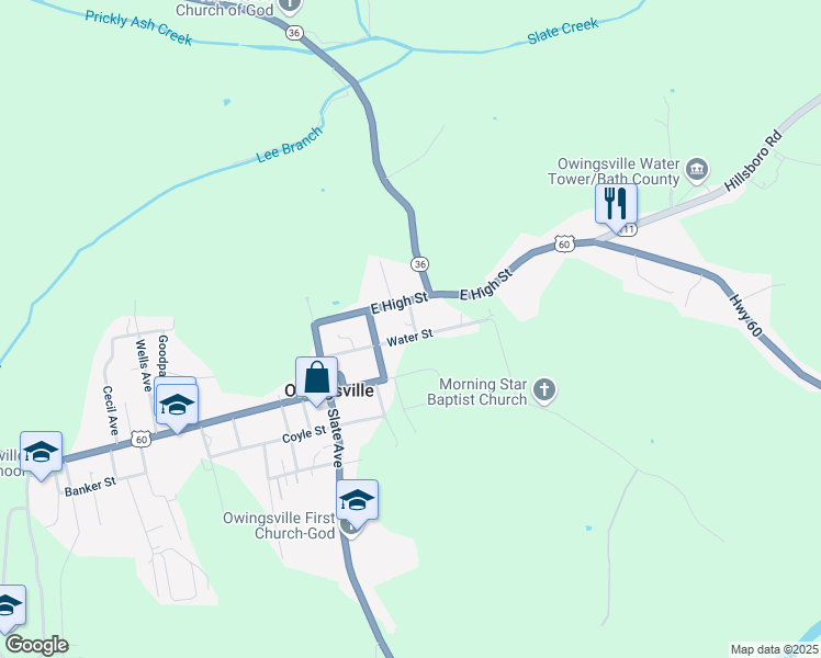 map of restaurants, bars, coffee shops, grocery stores, and more near 36 East Alley in Owingsville