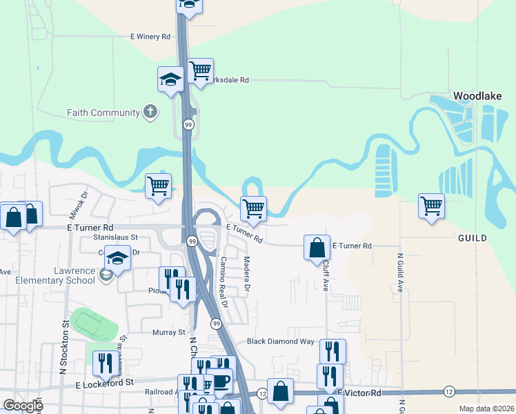 map of restaurants, bars, coffee shops, grocery stores, and more near 821 East Turner Road in Lodi