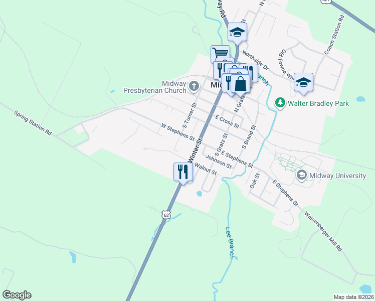 map of restaurants, bars, coffee shops, grocery stores, and more near 331 South Winter Street in Midway