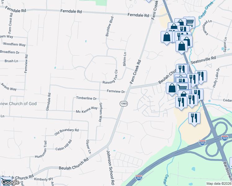 map of restaurants, bars, coffee shops, grocery stores, and more near 8806 Fernview Drive in Louisville