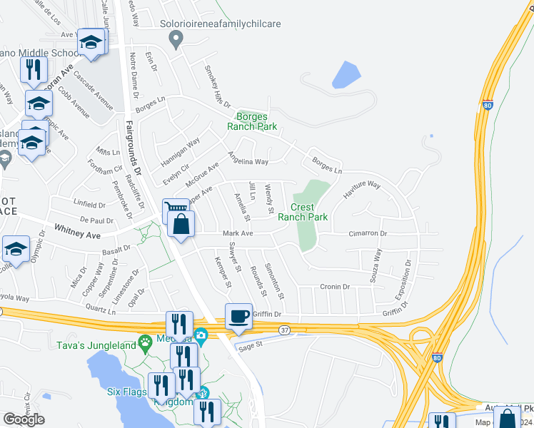 map of restaurants, bars, coffee shops, grocery stores, and more near 132 Cynthia Avenue in Vallejo