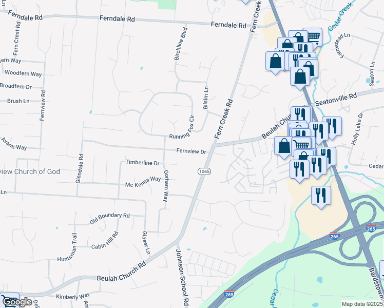 map of restaurants, bars, coffee shops, grocery stores, and more near 8808 Fernview Drive in Louisville