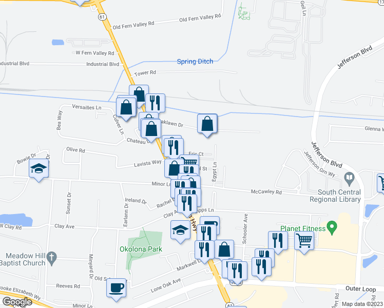 map of restaurants, bars, coffee shops, grocery stores, and more near 309 Eric Court in Louisville