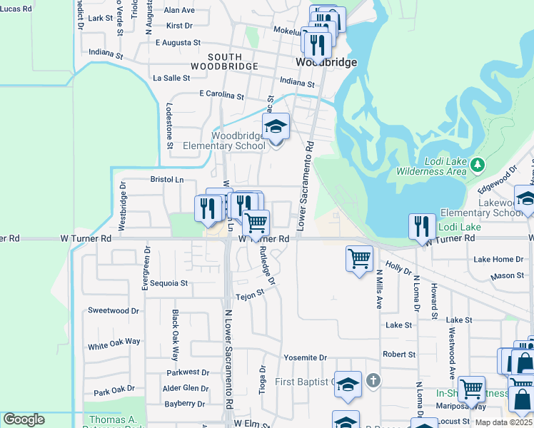 map of restaurants, bars, coffee shops, grocery stores, and more near 2434 Woodlake Court in Lodi