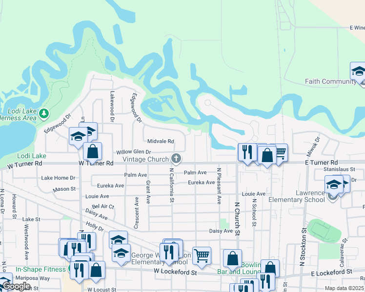 map of restaurants, bars, coffee shops, grocery stores, and more near 1101 Edgewood Drive in Lodi
