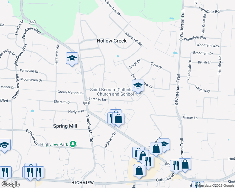 map of restaurants, bars, coffee shops, grocery stores, and more near 7403 Lorenzo Lane in Louisville