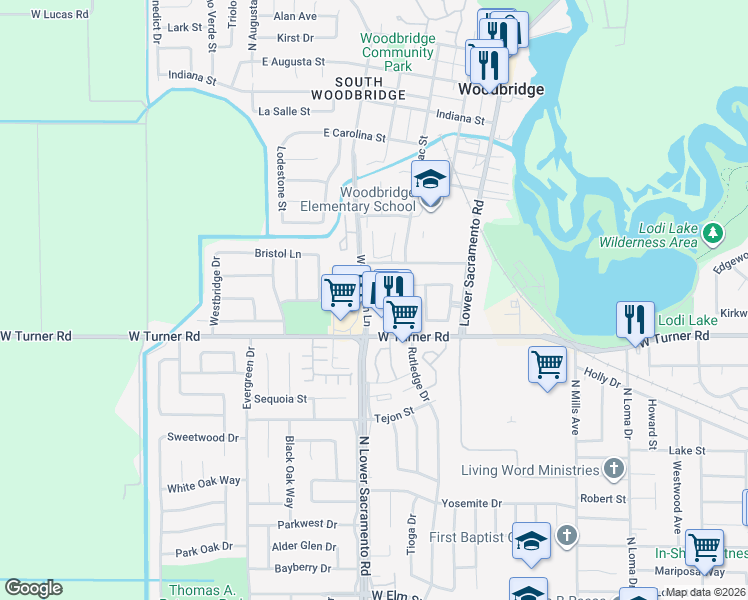 map of restaurants, bars, coffee shops, grocery stores, and more near 2400 Eilers Lane in Lodi