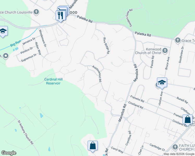map of restaurants, bars, coffee shops, grocery stores, and more near 1801 Austinwood Place in Louisville